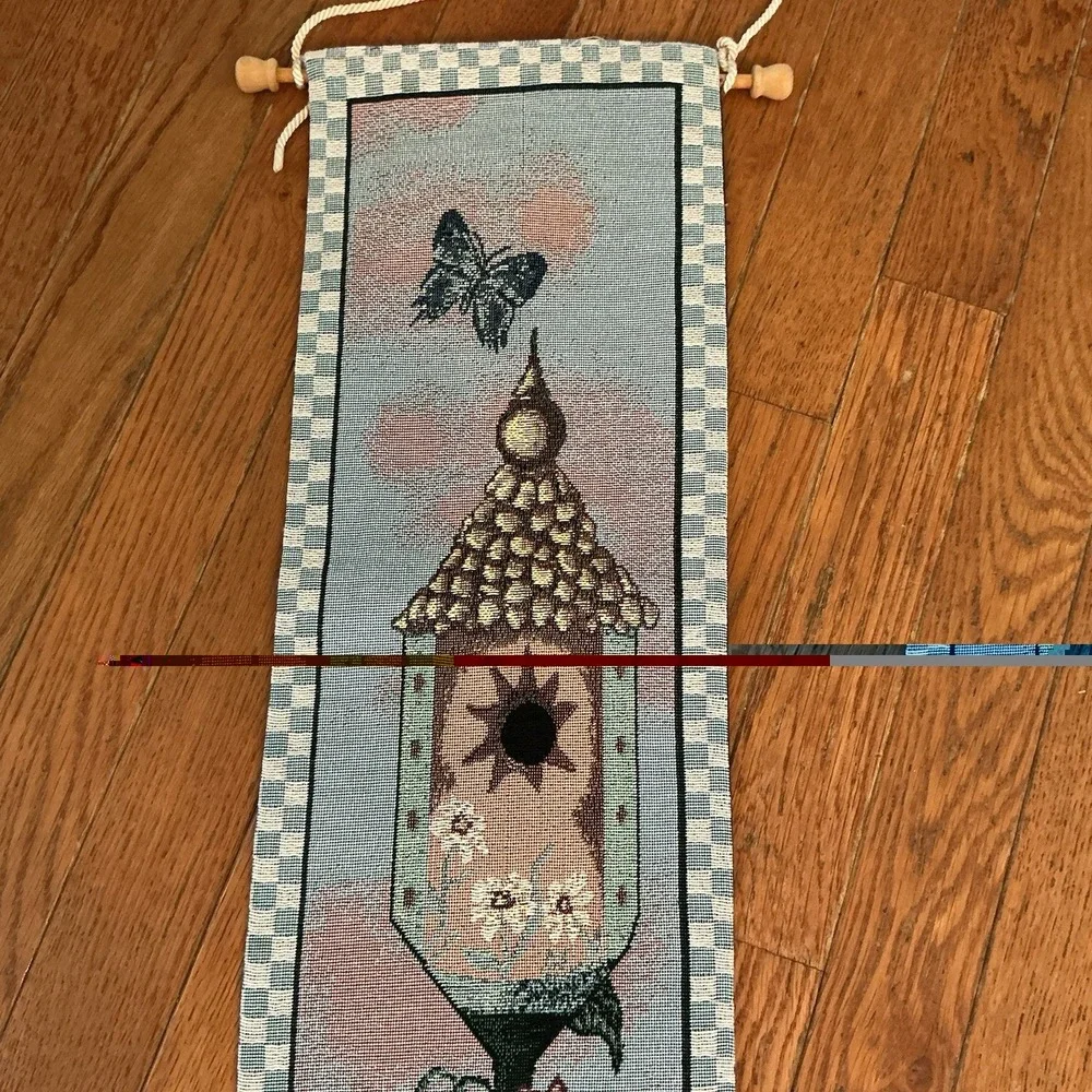 VINTAGE Tapestry MADE IN USA Wall Hanging Birdhouse, Bird, Garden Flowers 8.5x42
